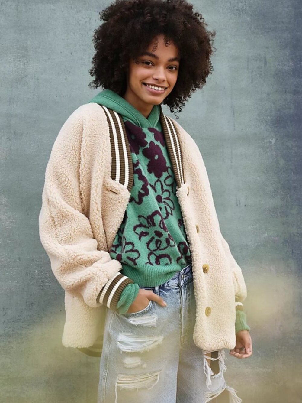 NEW Free People We the Free Cream Sweet Varsity Cardigan Jacket Size Medium